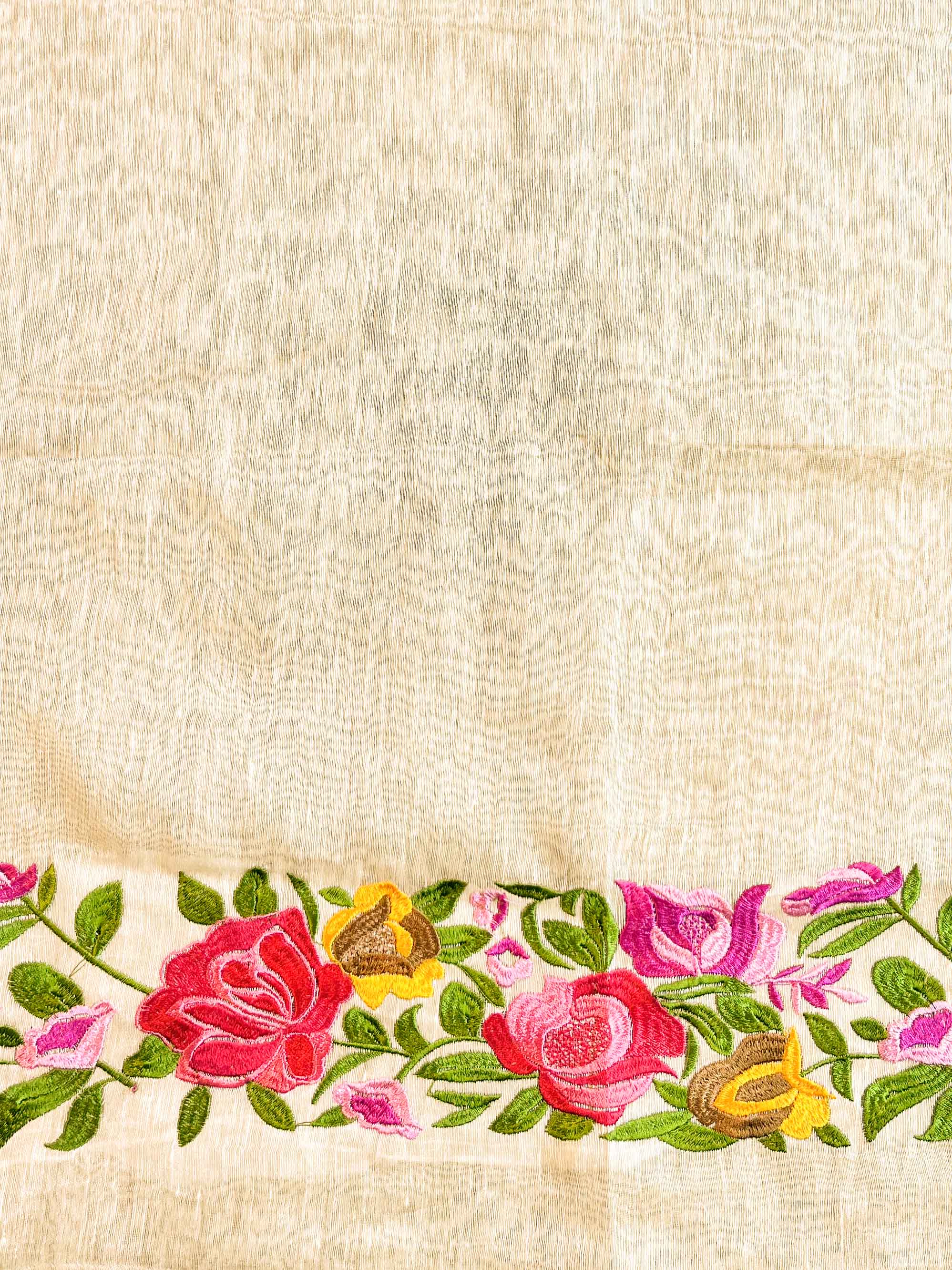Bhagalpur Handloom Pure Linen By Mulberry Silk Saree With Embroidered Design-Ivory White