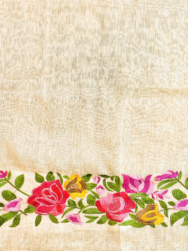Bhagalpur Handloom Pure Linen By Mulberry Silk Saree With Embroidered Design-Ivory White