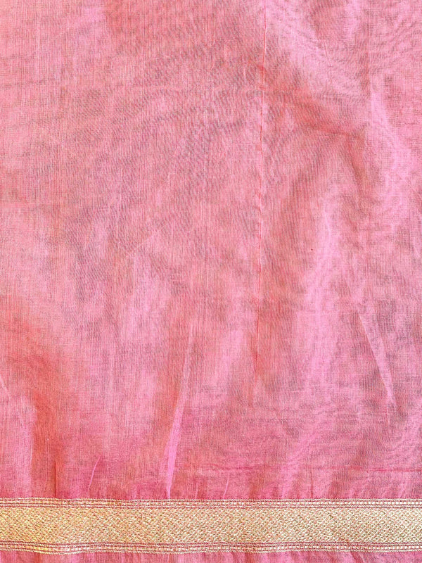 Banarasee Organza Silk Saree With Zari Motifs & Border-Peach