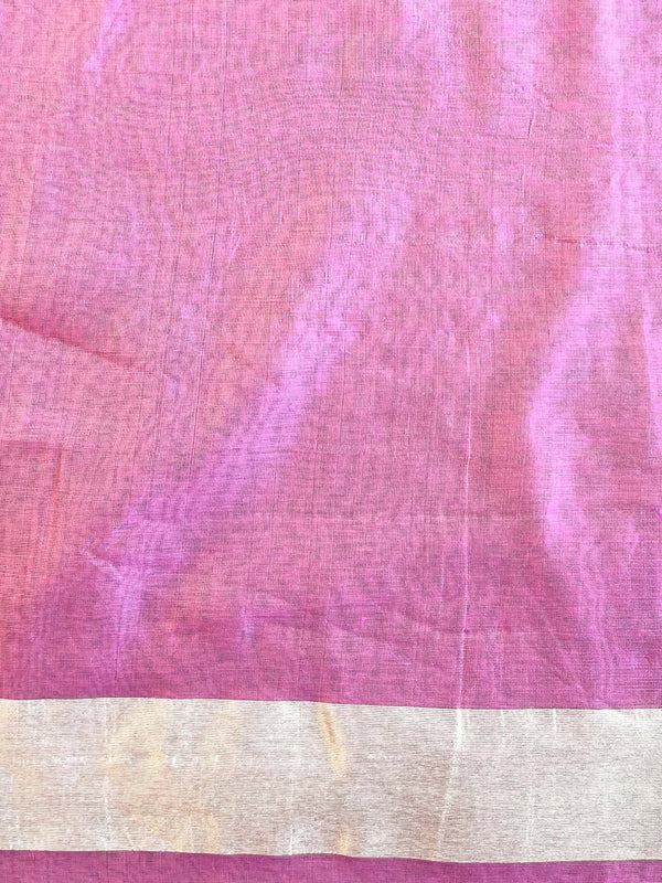 Banarasee Cotton Jamdani Saree With Resham Zig-Zag Design-Pink