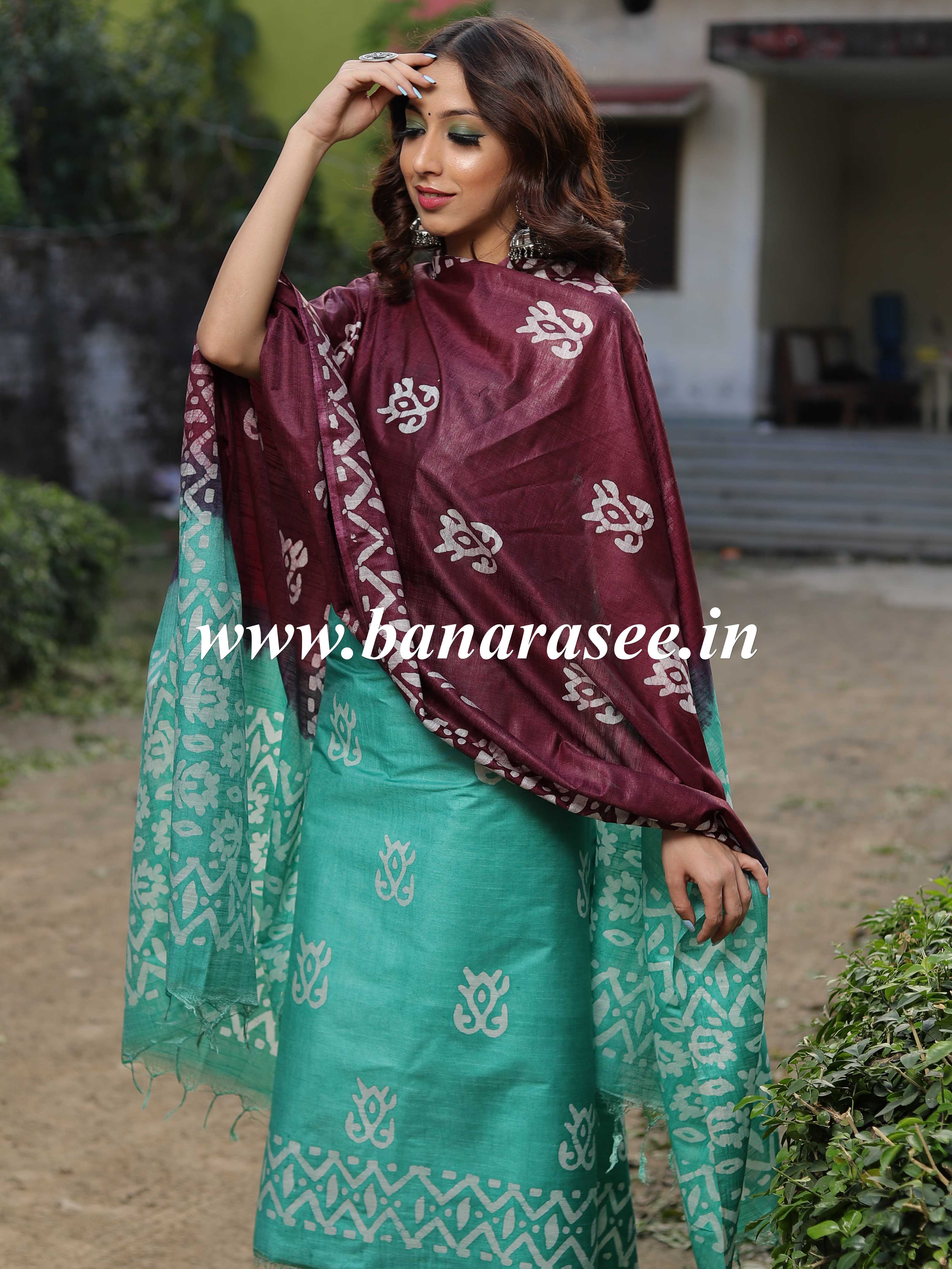 Handloom Khadi Cotton Hand-Dyed Batik Pattern Salwar Kameez Dupatta Set-Green & Wine
