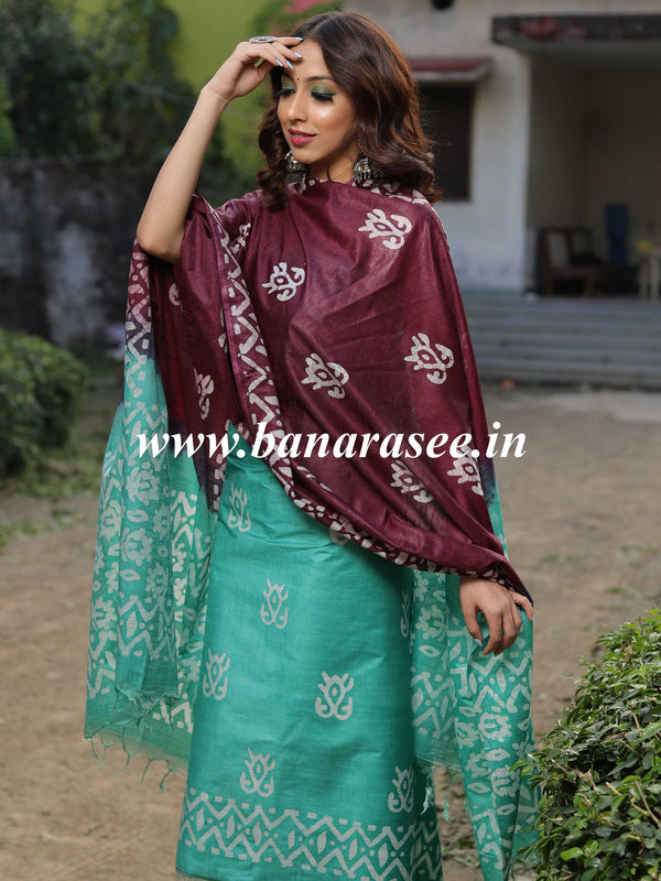 Handloom Khadi Cotton Hand-Dyed Batik Pattern Salwar Kameez Dupatta Set-Green & Wine
