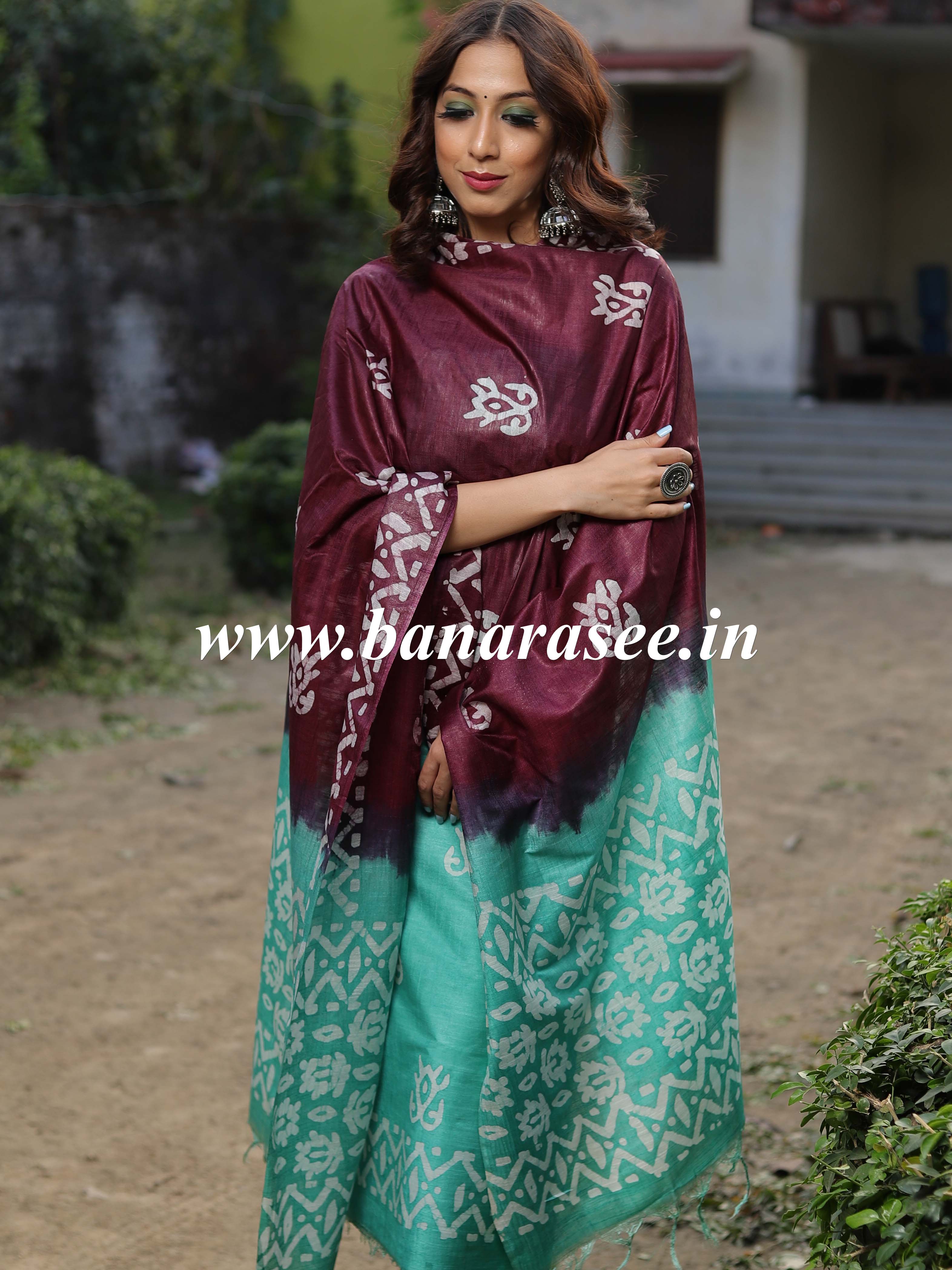 Handloom Khadi Cotton Hand-Dyed Batik Pattern Salwar Kameez Dupatta Set-Green & Wine