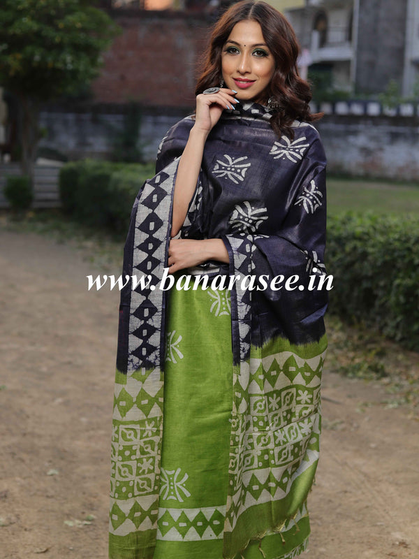 Handloom Khadi Cotton Hand-Dyed Batik Pattern Salwar Kameez Dupatta Set-Green & Blue