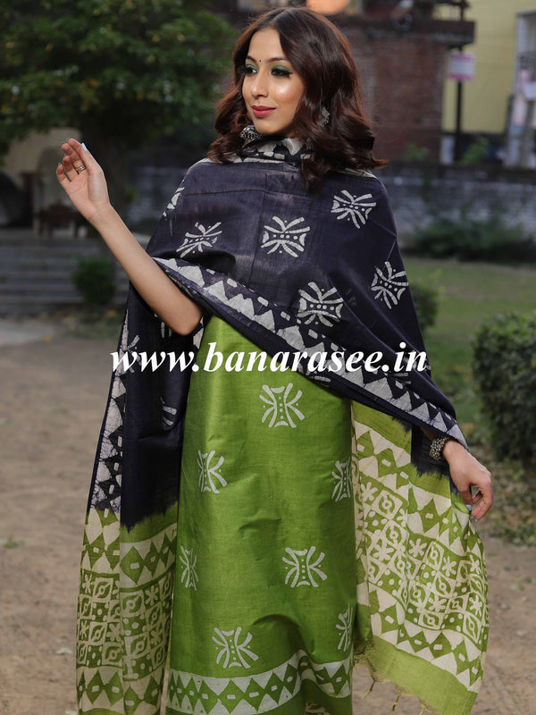 Handloom Khadi Cotton Hand-Dyed Batik Pattern Salwar Kameez Dupatta Set-Green & Blue