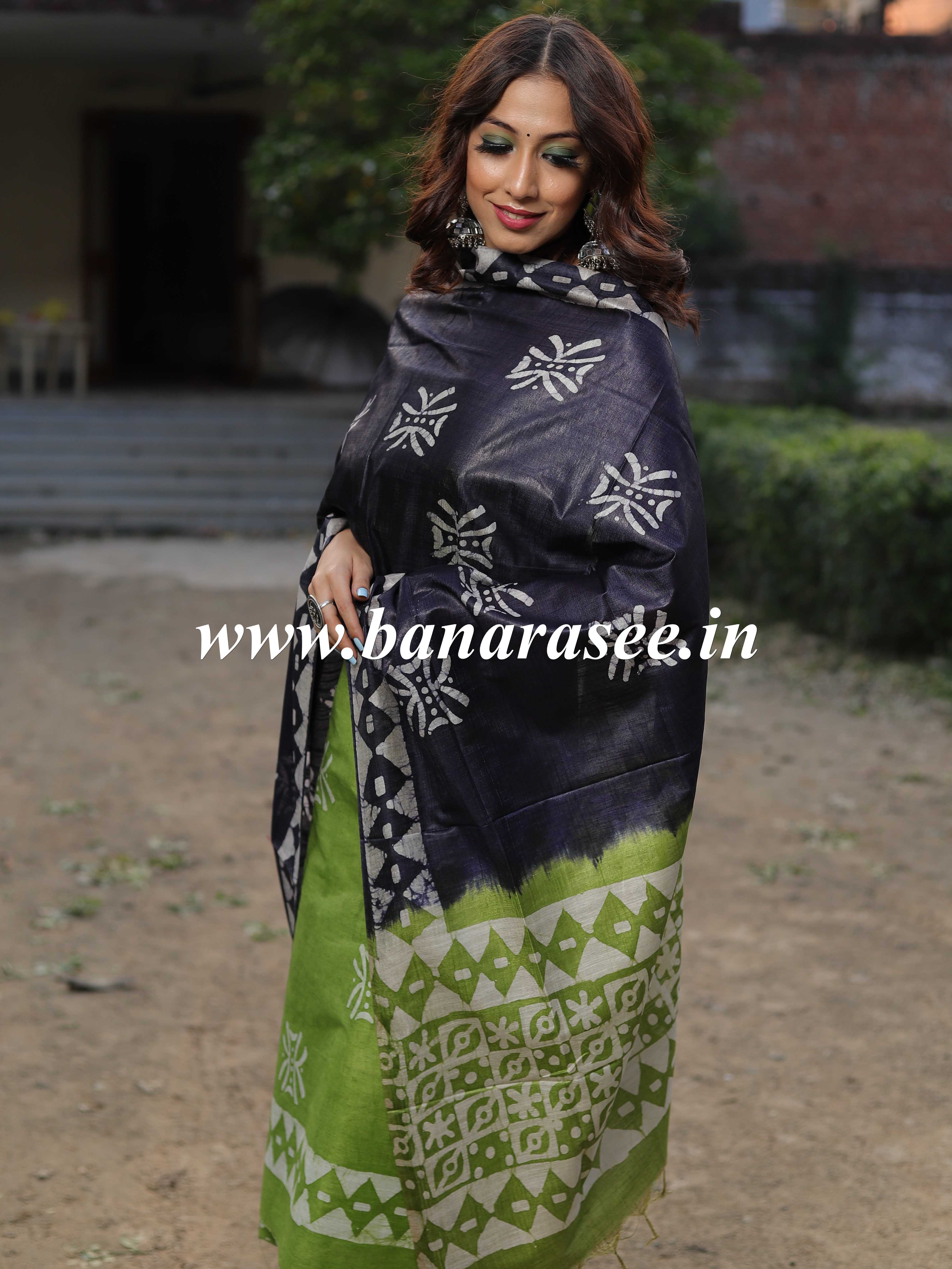 Handloom Khadi Cotton Hand-Dyed Batik Pattern Salwar Kameez Dupatta Set-Green & Blue