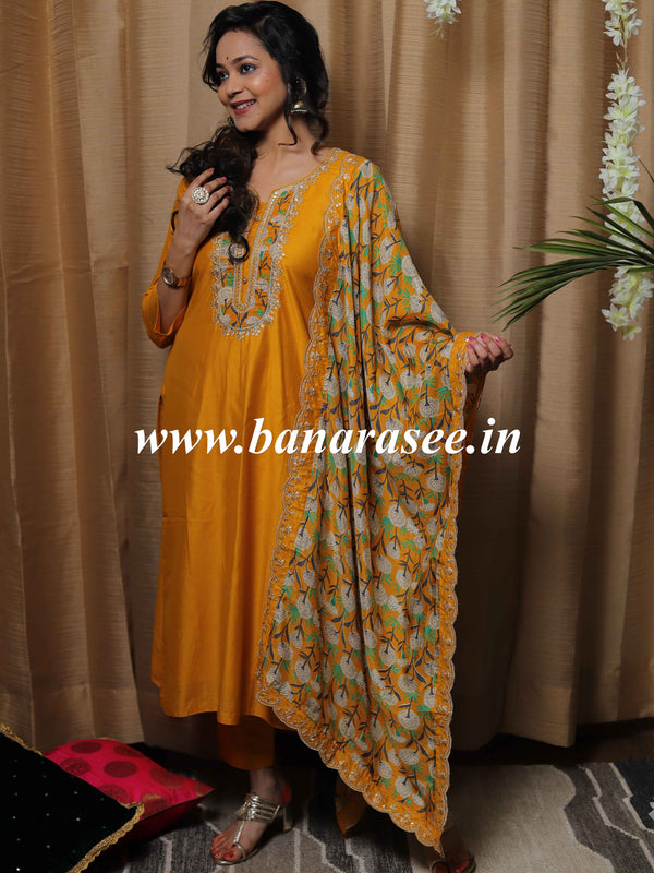 Banarasee Muslin Silk Kurta Pants With printed Dupatta Suit Set-Yellow