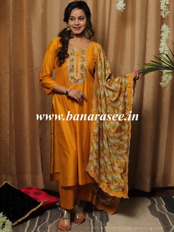 Banarasee Muslin Silk Kurta Pants With printed Dupatta Suit Set-Yellow