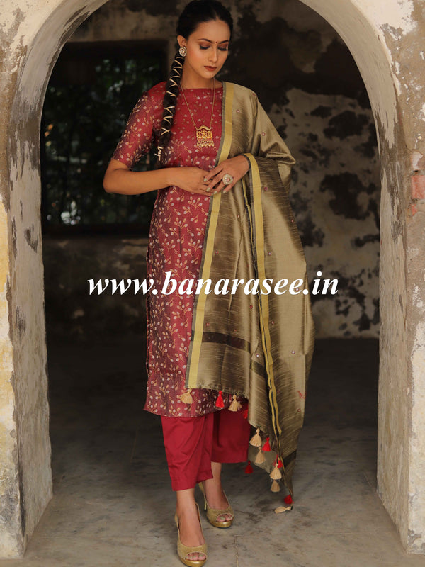 Banarasee Brocade Salwar Kameez Fabric With Art Silk  Mirror-Work Dupatta-Maroon & Gold