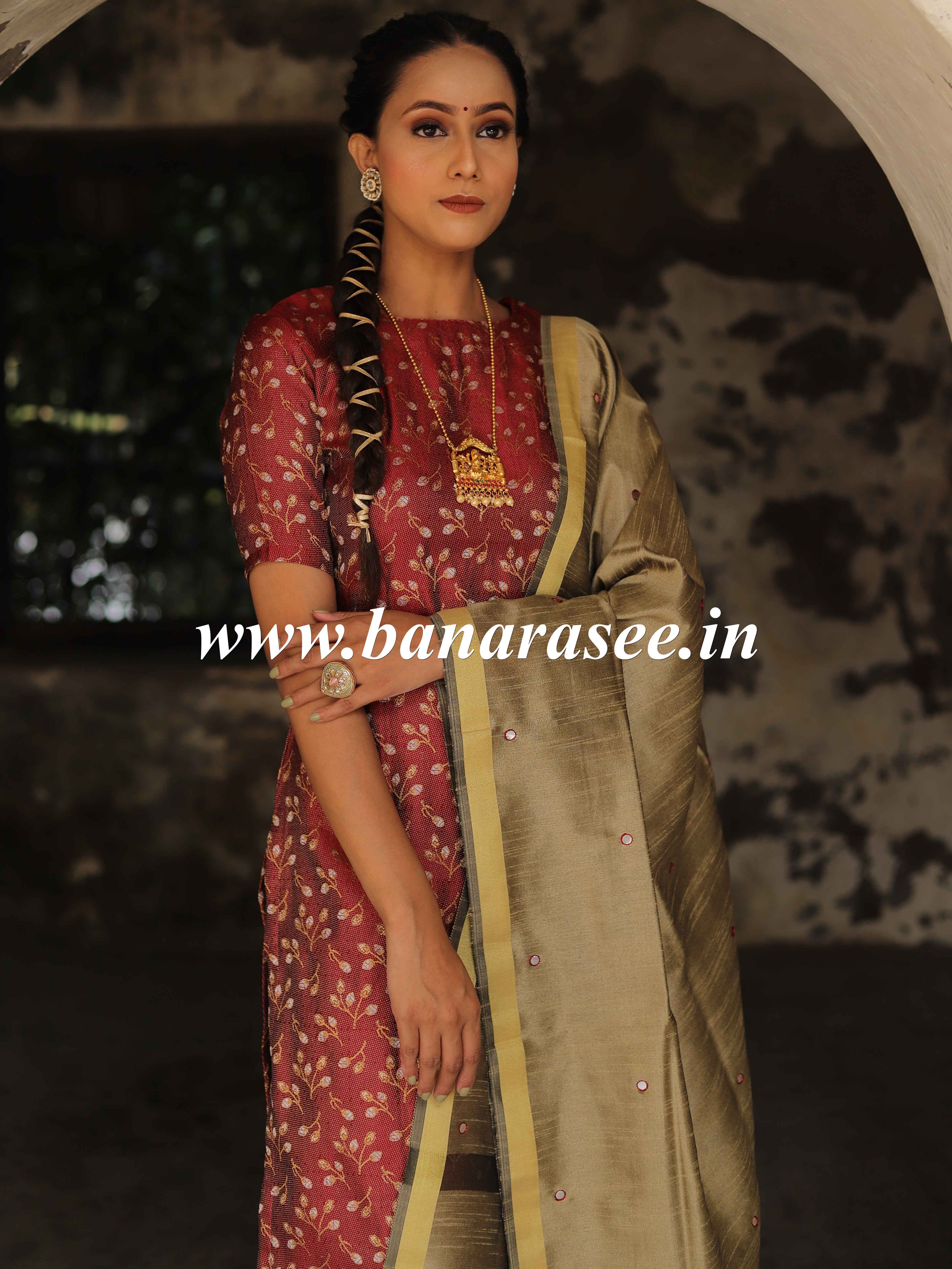 Banarasee Brocade Salwar Kameez Fabric With Art Silk  Mirror-Work Dupatta-Maroon & Gold