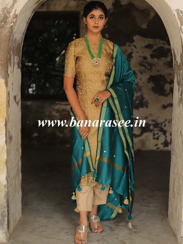 Banarasee Brocade Salwar Kameez Fabric With Art Silk  Mirror-Work Dupatta-Gold & Teal