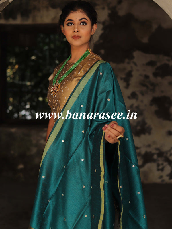 Banarasee Brocade Salwar Kameez Fabric With Art Silk  Mirror-Work Dupatta-Gold & Teal