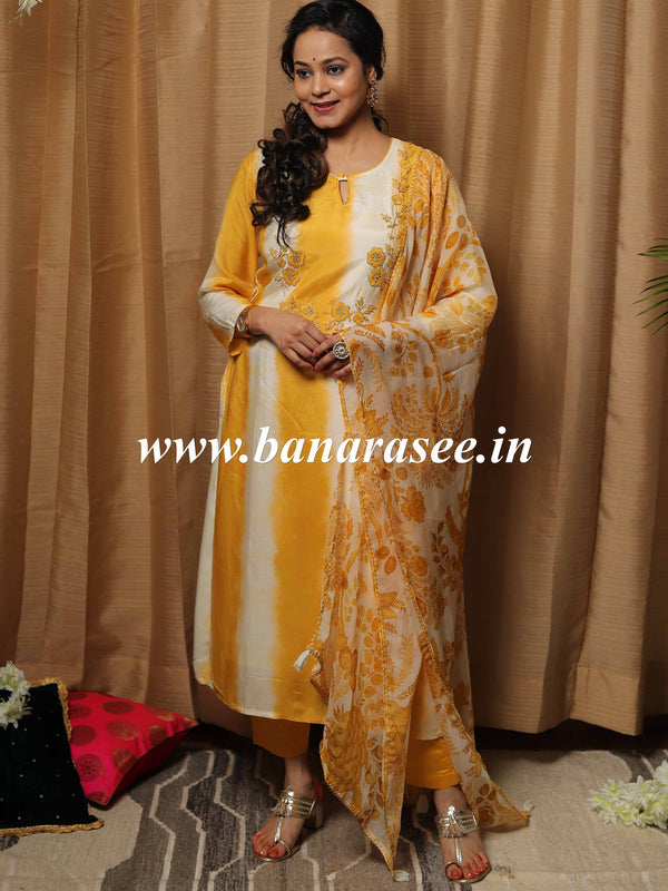 Banarasee Muslin Silk Kurta Pants With Chiffon Dupatta Suit Set-Yellow & White