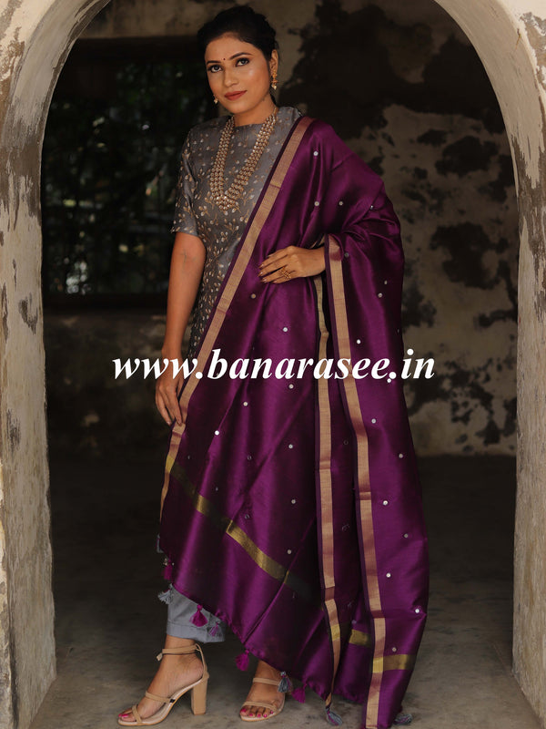 Banarasee Brocade Salwar Kameez Fabric With Art Silk Mirror-Work Dupatta-Grey & Violet
