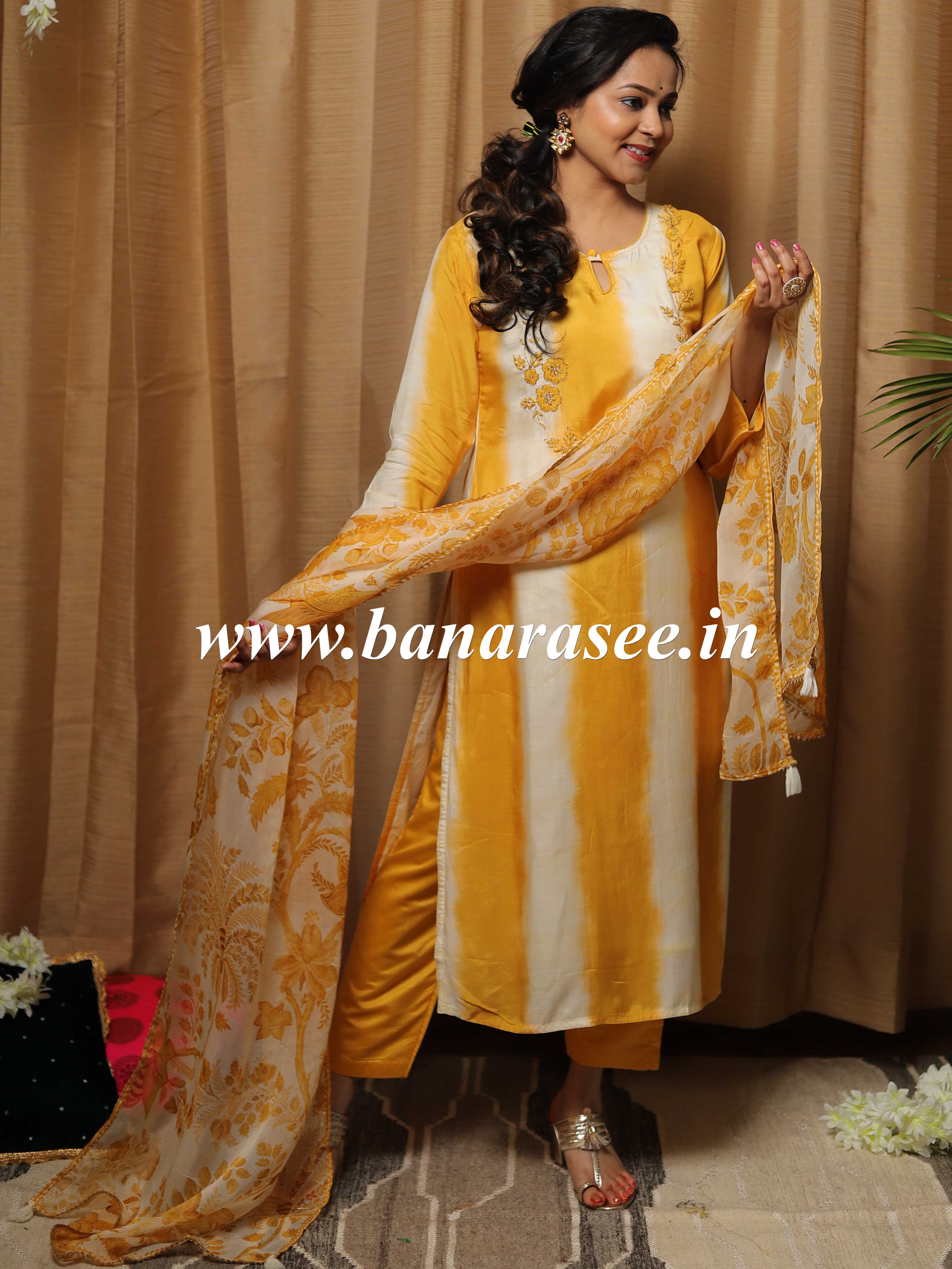 Banarasee Muslin Silk Kurta Pants With Chiffon Dupatta Suit Set-Yellow & White