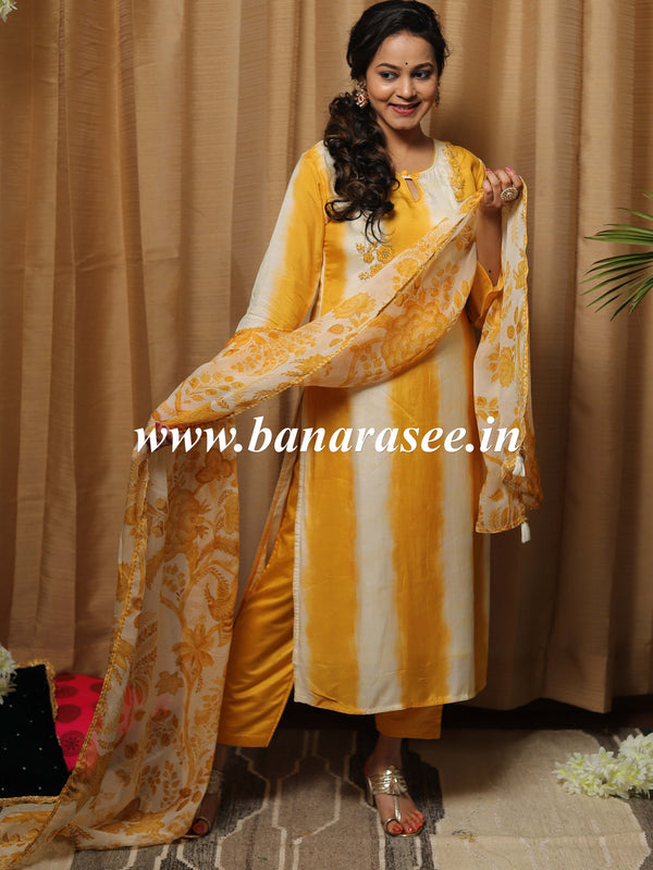 Banarasee Muslin Silk Kurta Pants With Chiffon Dupatta Suit Set-Yellow & White