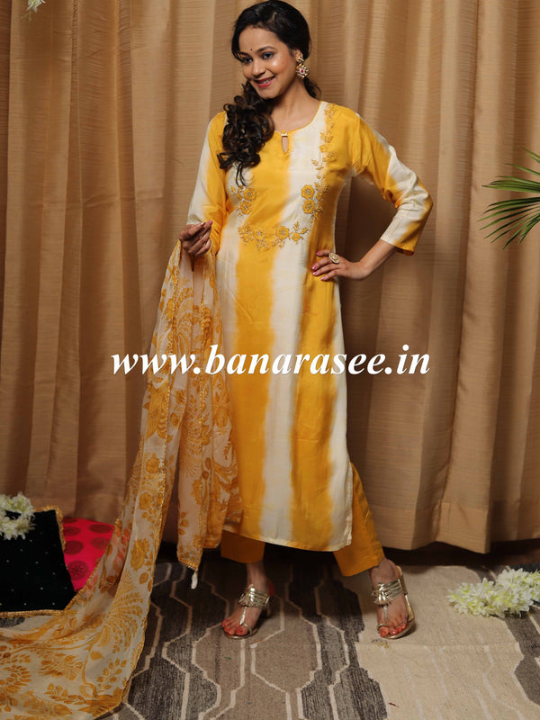 Banarasee Muslin Silk Kurta Pants With Chiffon Dupatta Suit Set-Yellow & White