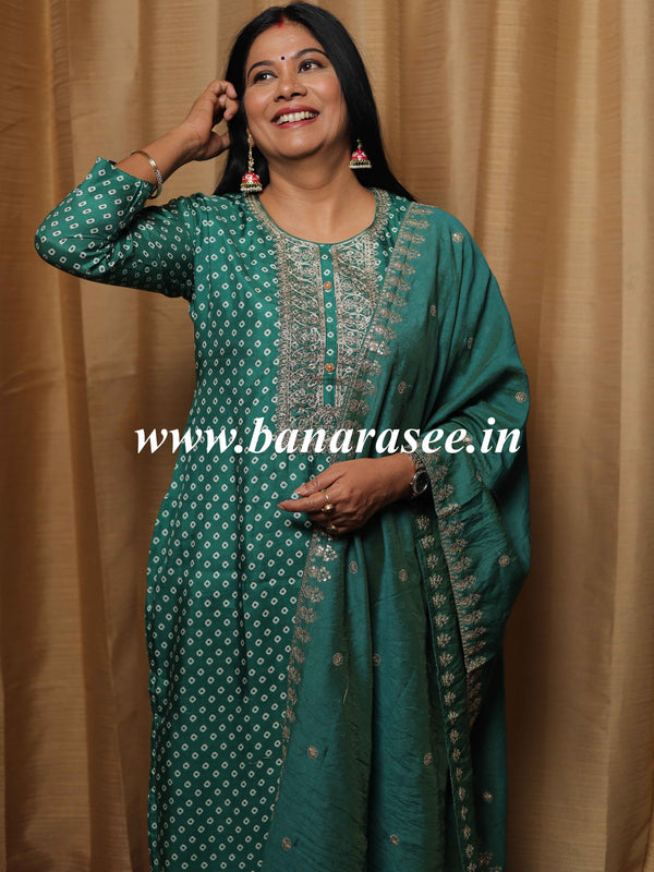 Banarasee Muslin Silk Kurta Pants With Viscose Dupatta Suit Set-Green