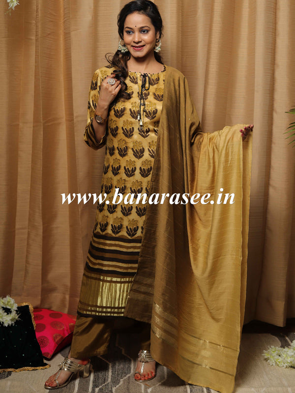 Banarasee Modal Kurta Pants With Viscose Dupatta Suit Set-Yellow