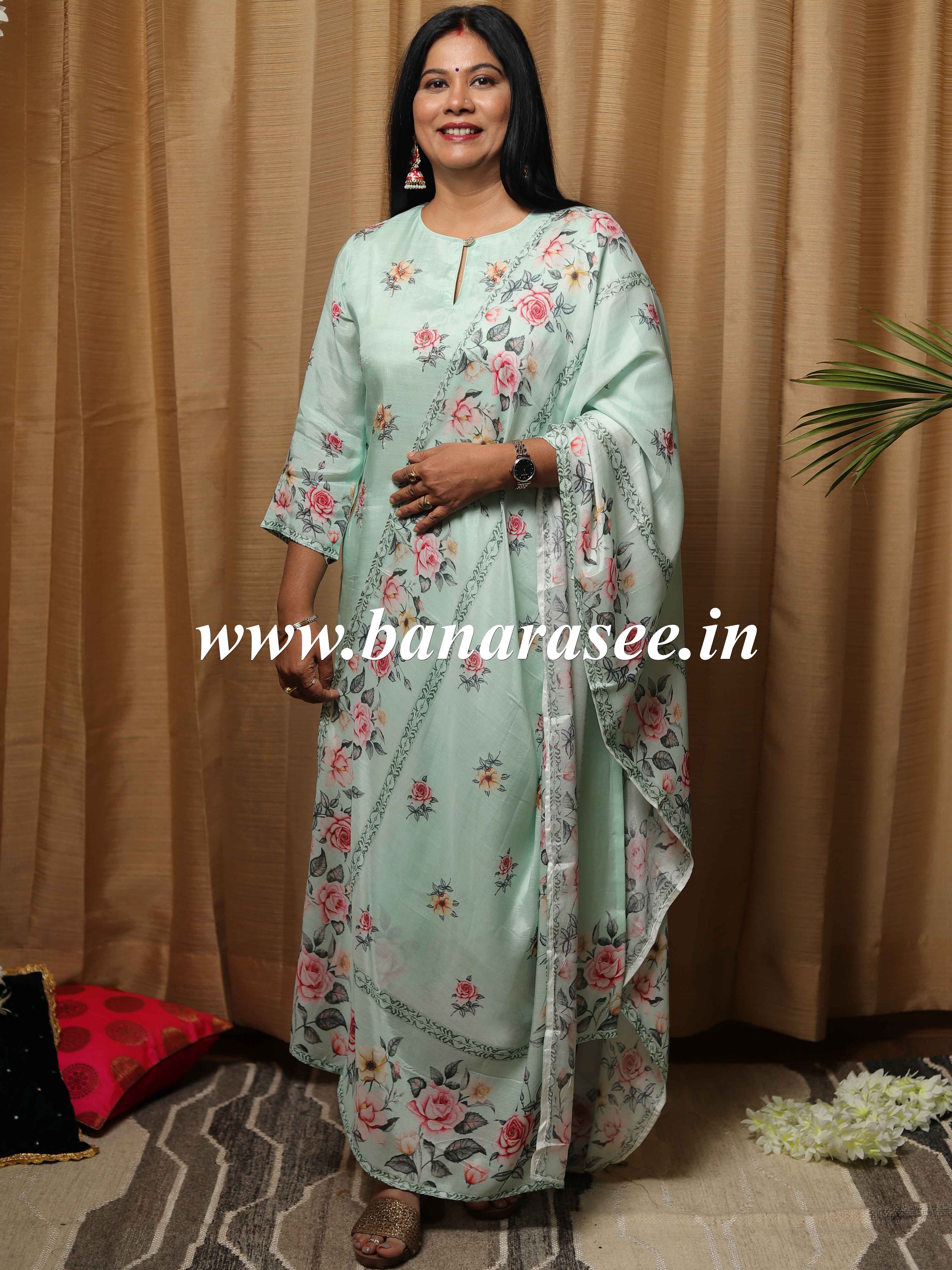 Banarasee Muslin Silk Kurta Pants With Dupatta Suit Set-Sea Green