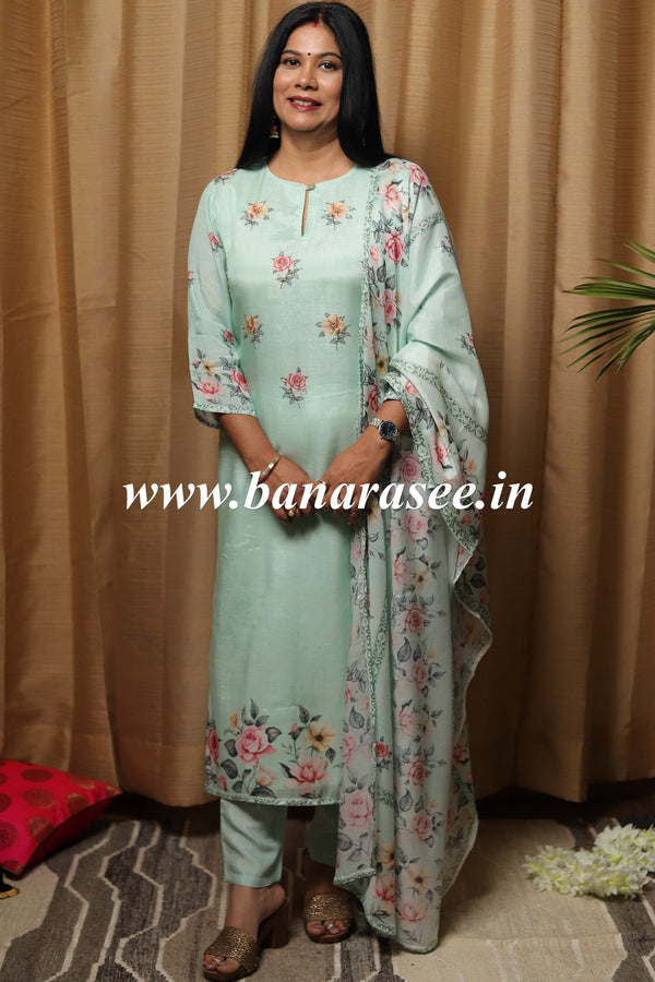 Banarasee Muslin Silk Kurta Pants With Dupatta Suit Set-Sea Green