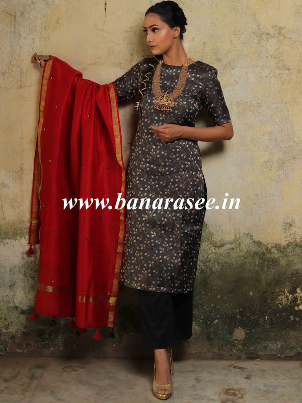 Banarasee Brocade Salwar Kameez Fabric With Art Silk Mirror-Work Dupatta-Black & Red