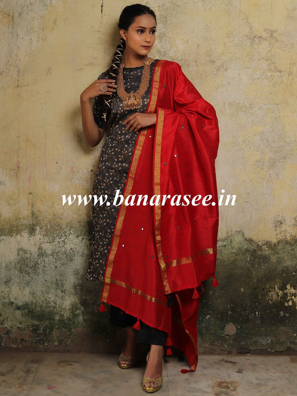 Banarasee Brocade Salwar Kameez Fabric With Art Silk Mirror-Work Dupatta-Black & Red