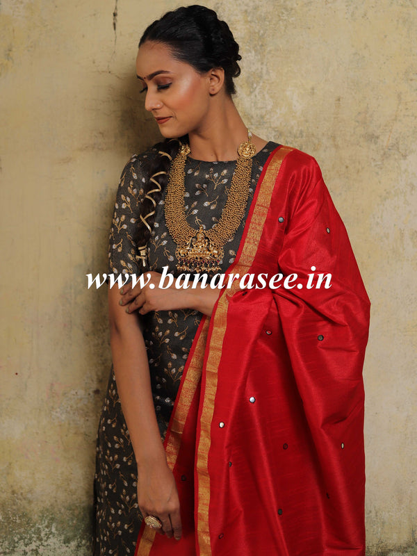 Banarasee Brocade Salwar Kameez Fabric With Art Silk Mirror-Work Dupatta-Black & Red