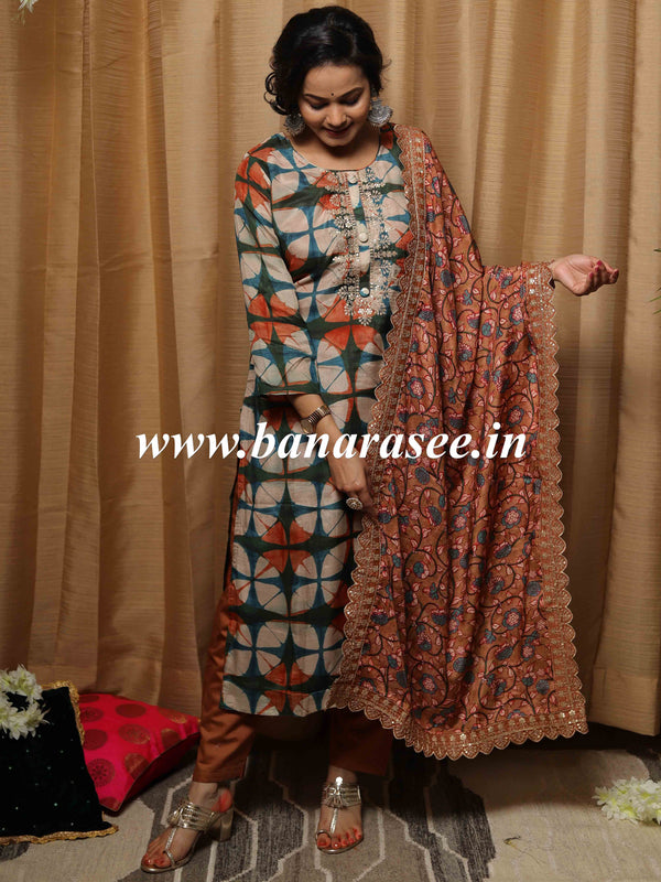 Banarasee Muslin Silk Kurta Pants With Kalamkari Print Dupatta Suit Set-Beige & Brown