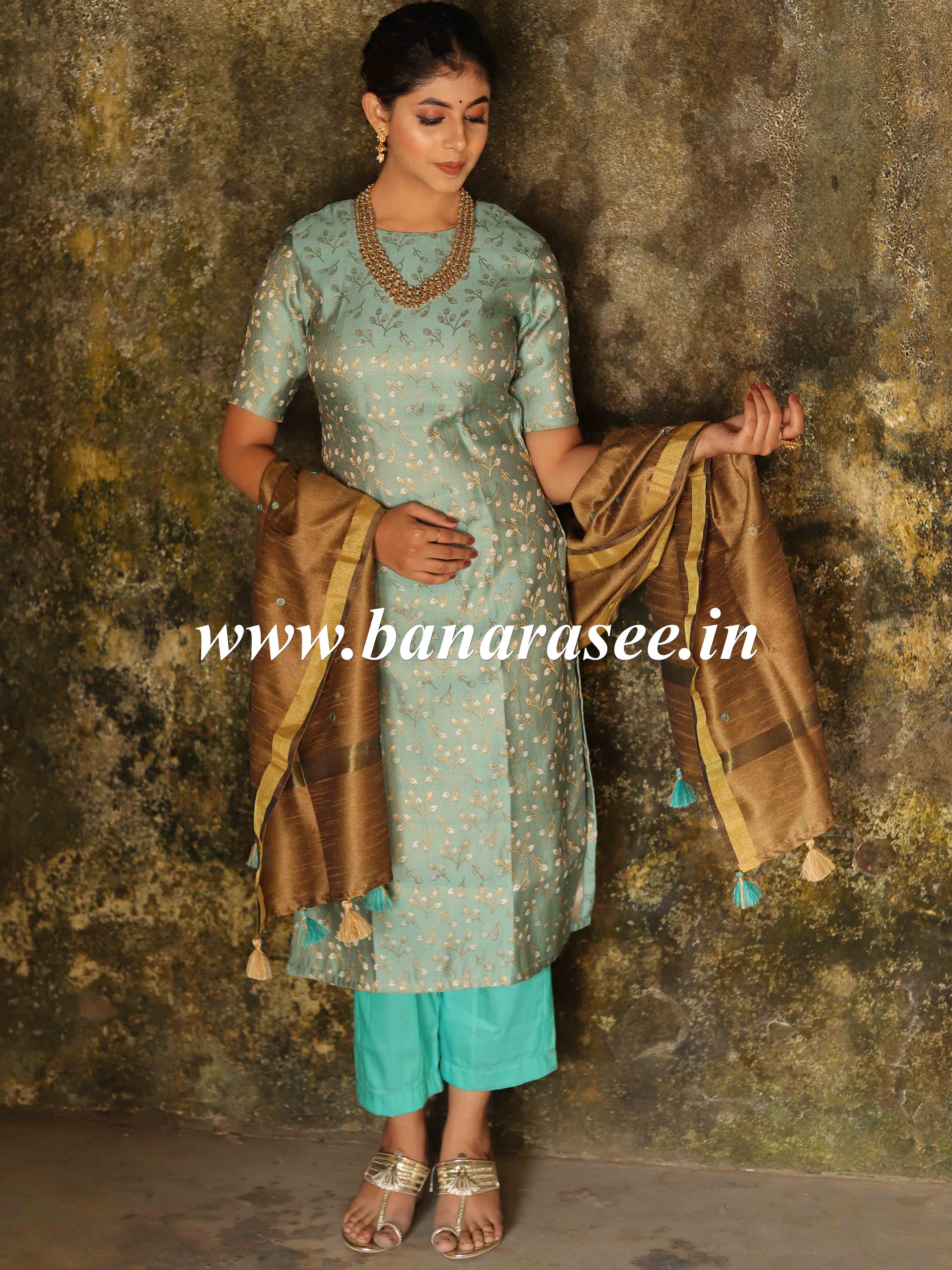 Banarasee Brocade Salwar Kameez Fabric With Art Silk Mirror-Work Dupatta-Green & Gold