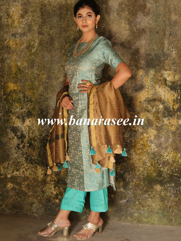 Banarasee Brocade Salwar Kameez Fabric With Art Silk Mirror-Work Dupatta-Green & Gold