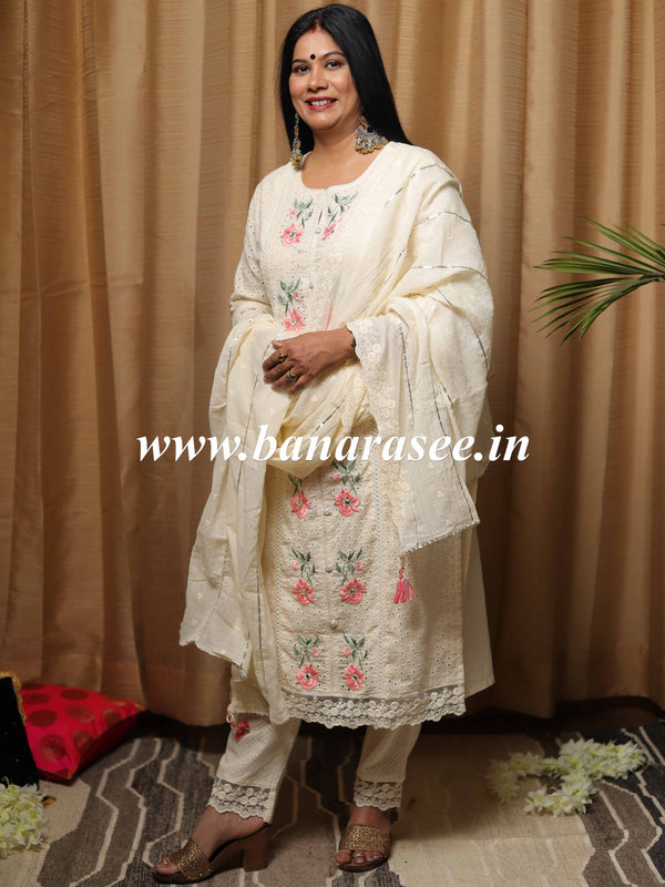 Banarasee Cotton Kurta Pants With Dupatta Suit Set-White