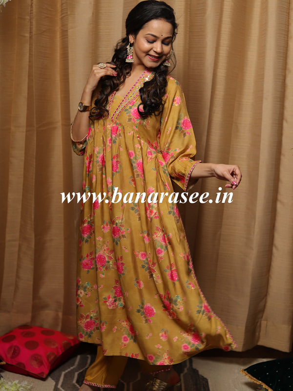 Banarasee Muslin Silk Printed Kurta With Pants-Yellow
