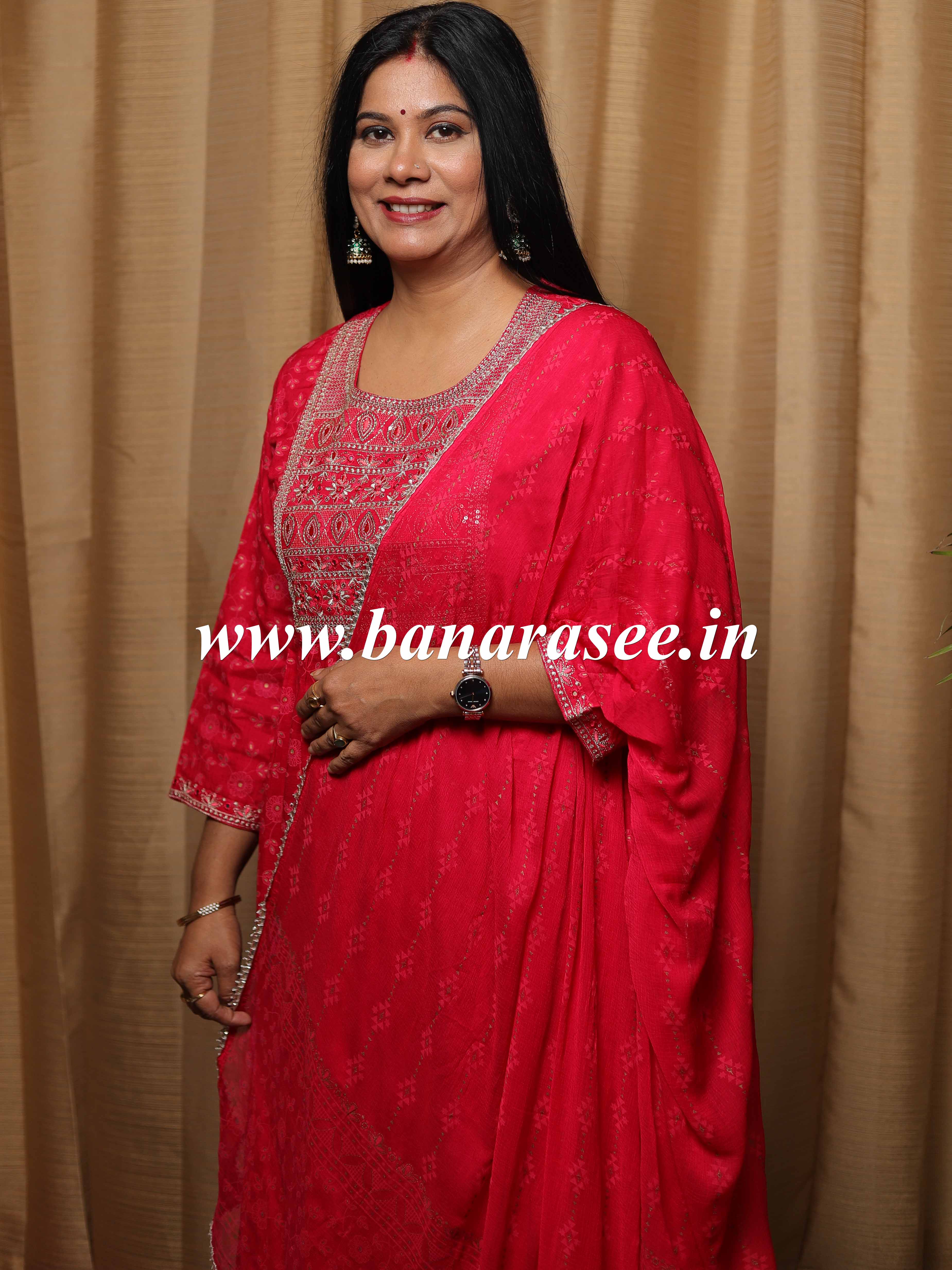 Banarasee Rayon Kurta Pants With Chiffon Dupatta Suit Set-Pink