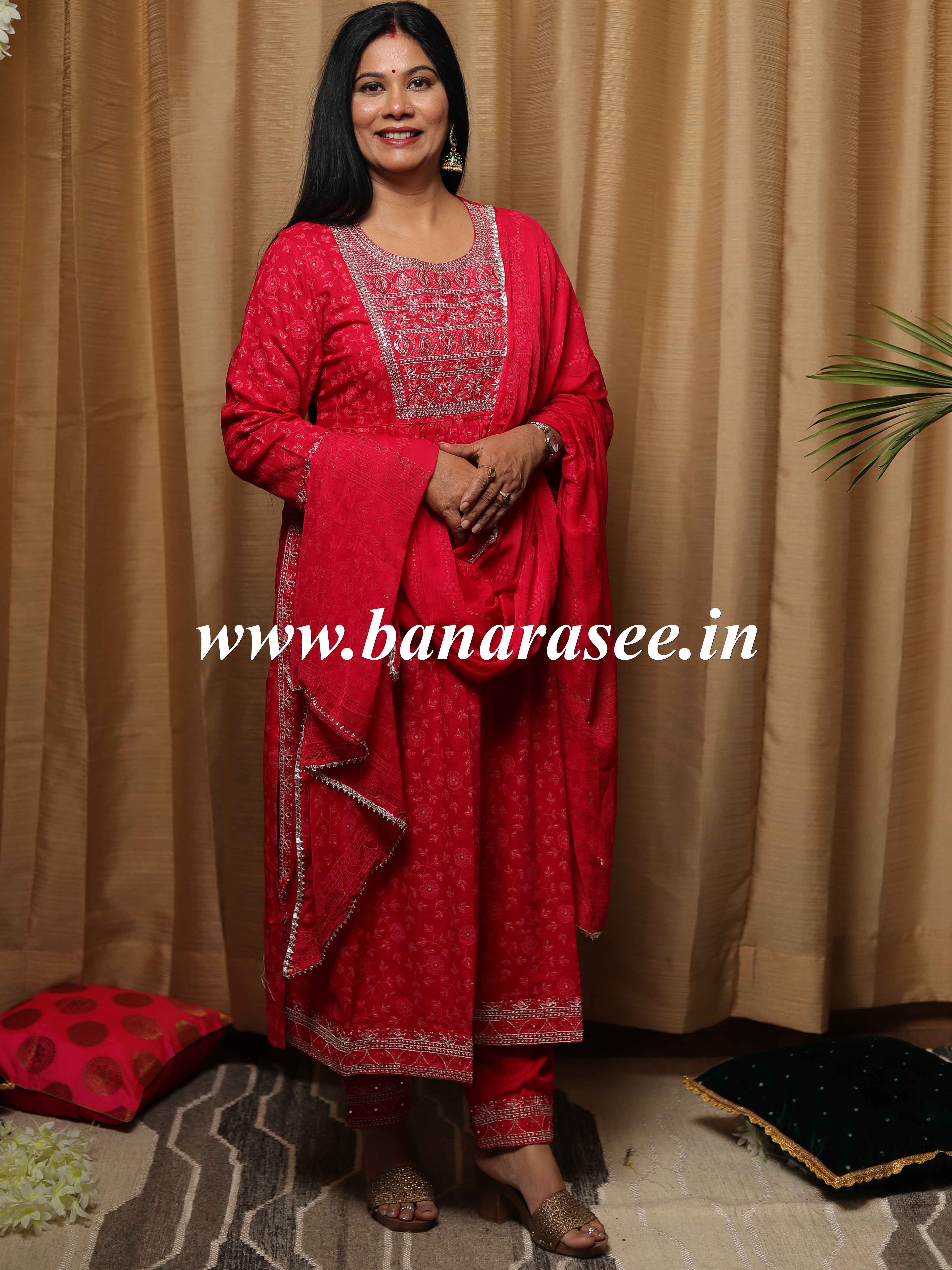 Banarasee Rayon Kurta Pants With Chiffon Dupatta Suit Set-Pink