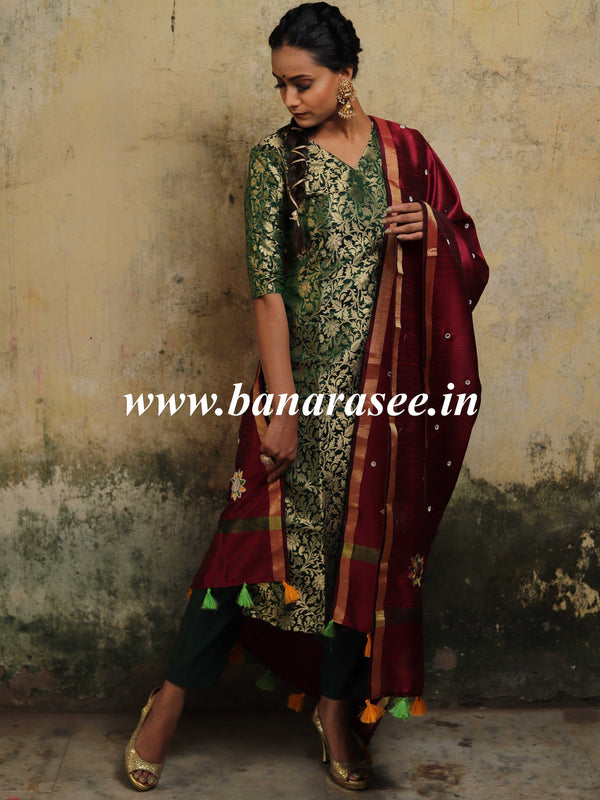 Banarasee Silk Brocade Salwar Kameez Fabric With Hand-Embroidered Dupatta-Green & Wine