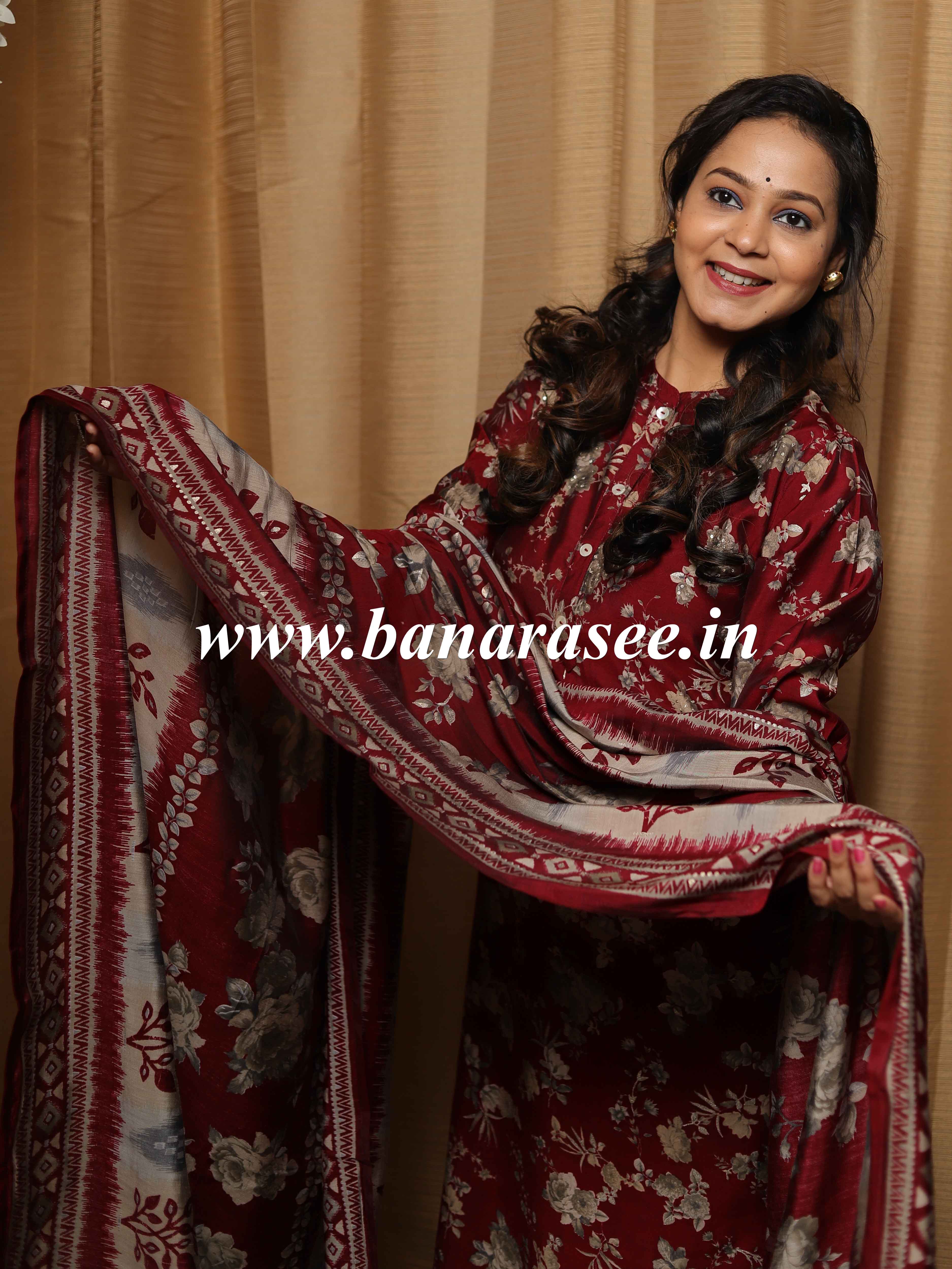 Banarasee Muslin Silk Printed Suit Set-Maroon
