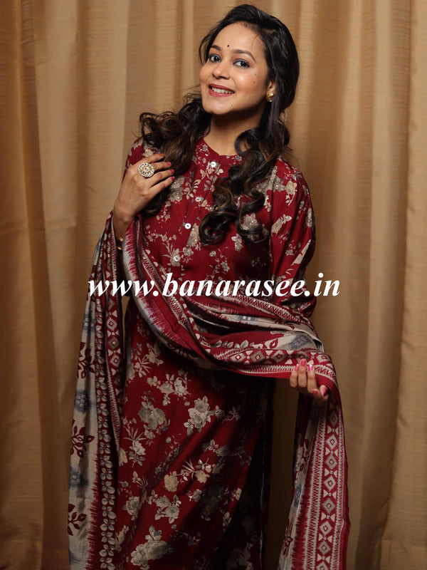 Banarasee Muslin Silk Printed Suit Set-Maroon