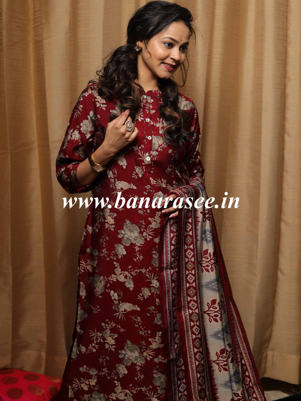 Banarasee Muslin Silk Printed Suit Set-Maroon