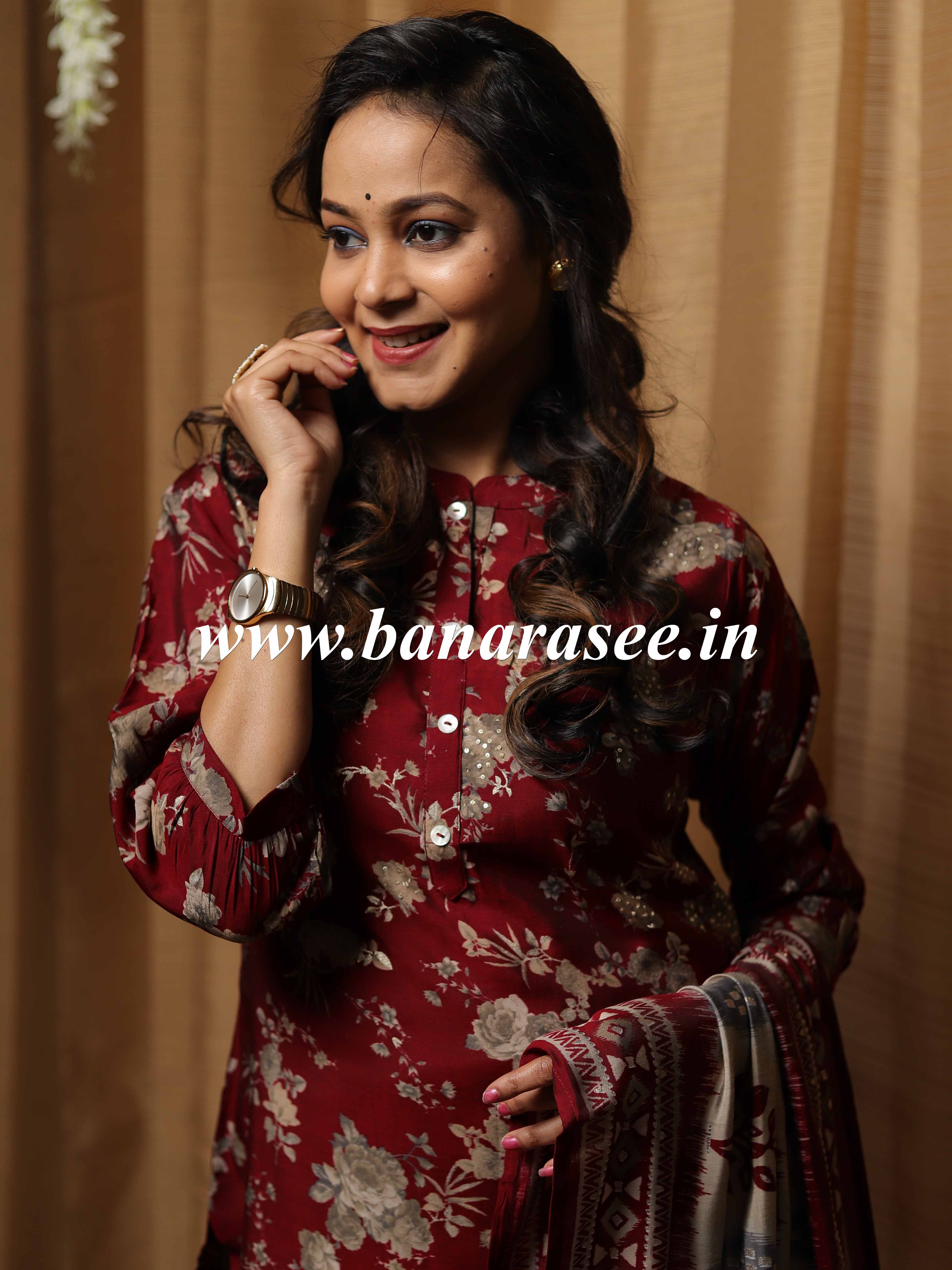 Banarasee Muslin Silk Printed Suit Set-Maroon