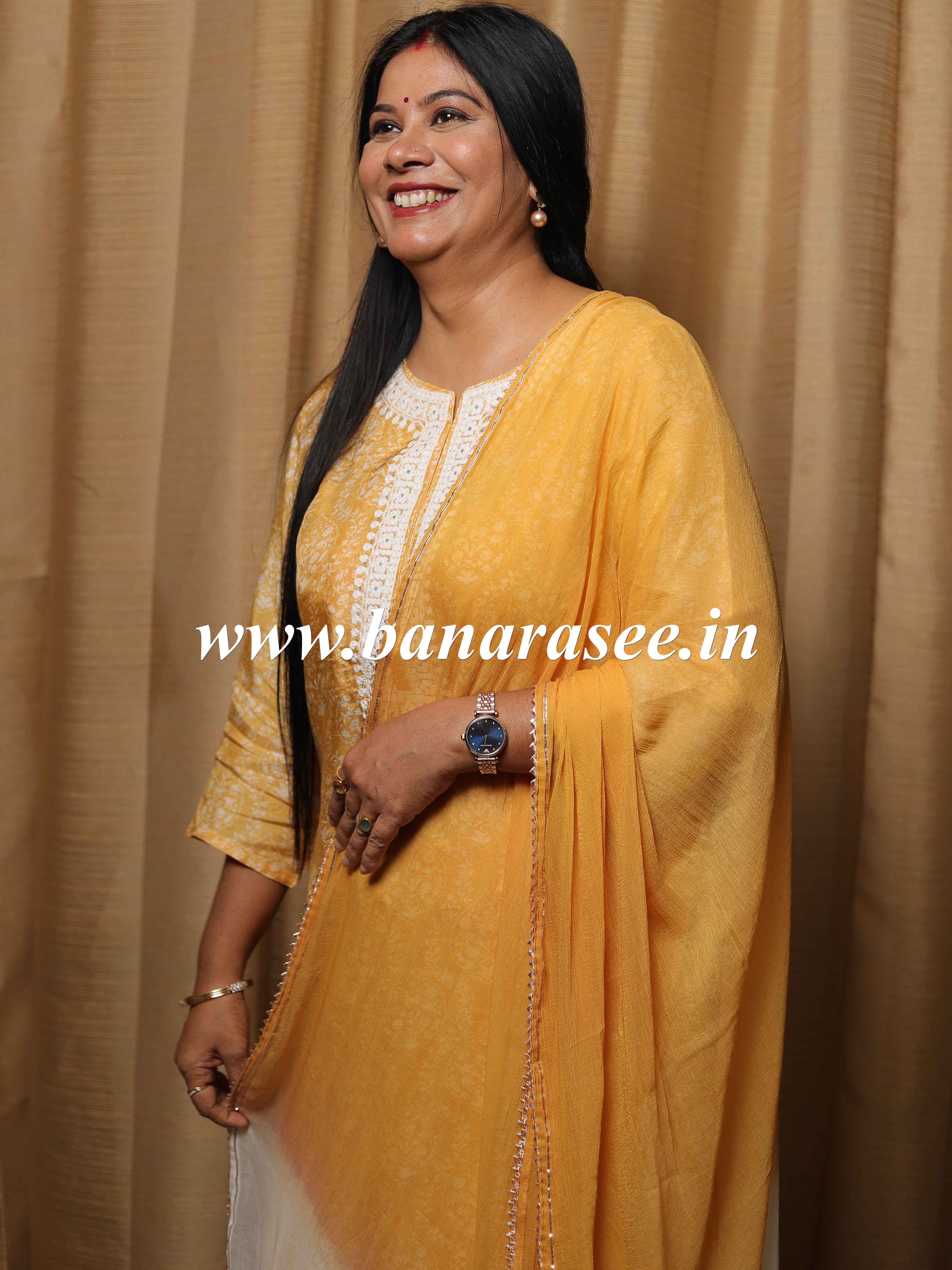 Banarasee Muslin Silk Kurta Pants With Chiffon Dupatta Suit Set-Yellow