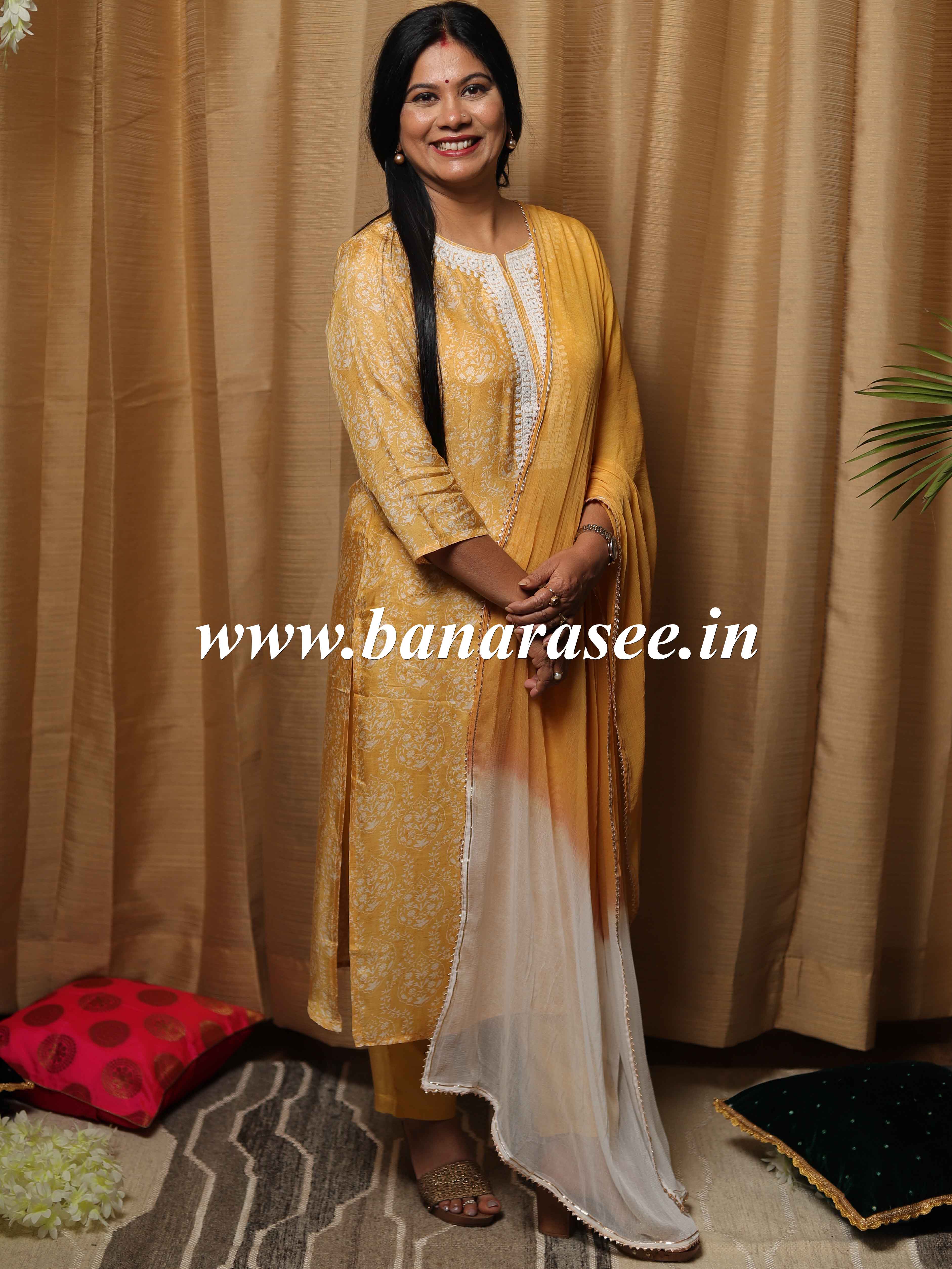 Banarasee Muslin Silk Kurta Pants With Chiffon Dupatta Suit Set-Yellow