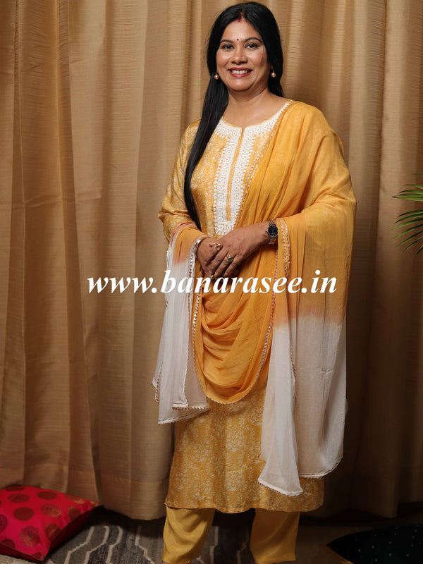 Banarasee Muslin Silk Kurta Pants With Chiffon Dupatta Suit Set-Yellow