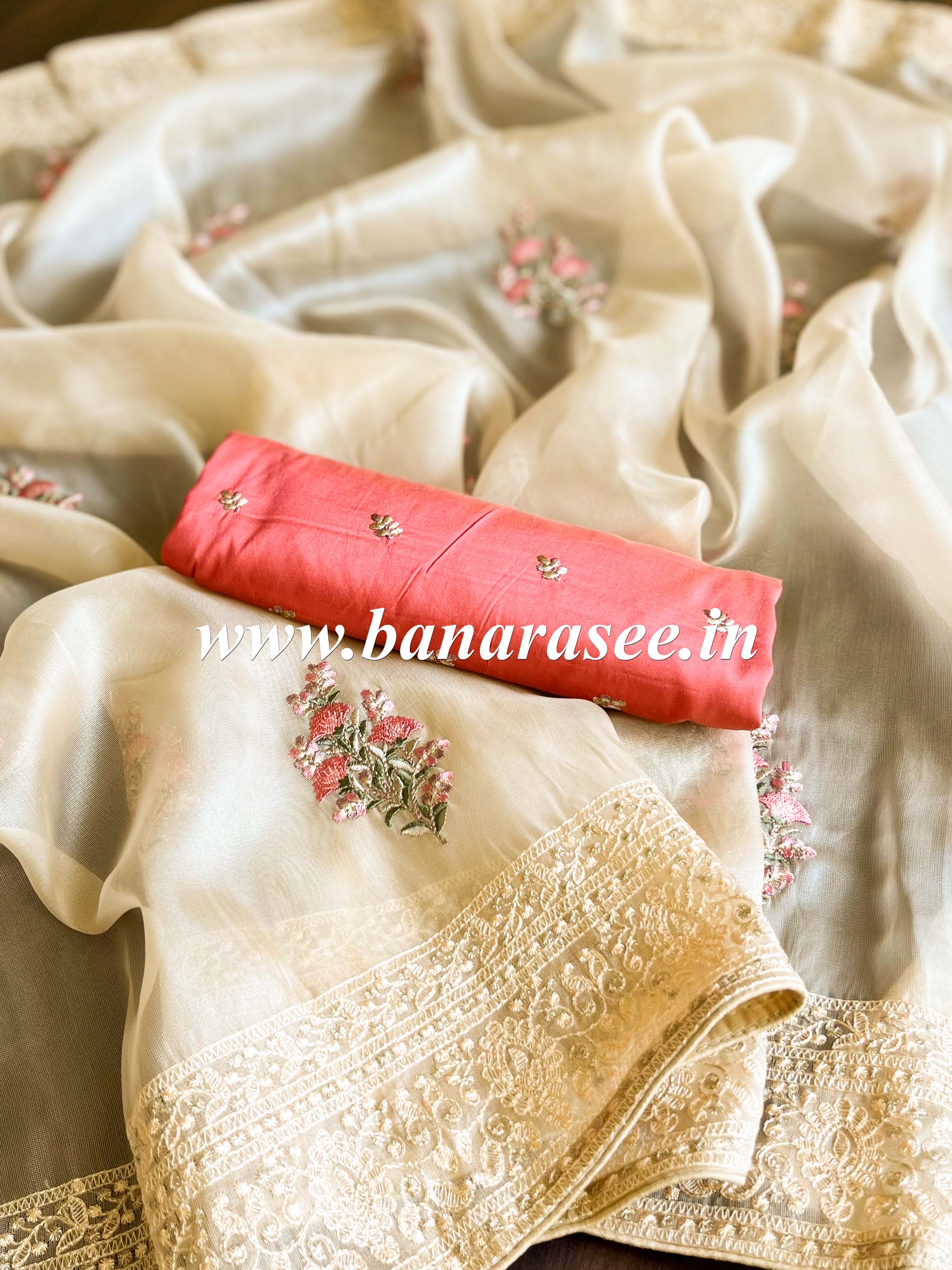 Banarasee Handwoven Organza Silk Floral Embroidery Saree With Contrast Silk Blouse-Fawn & Peach