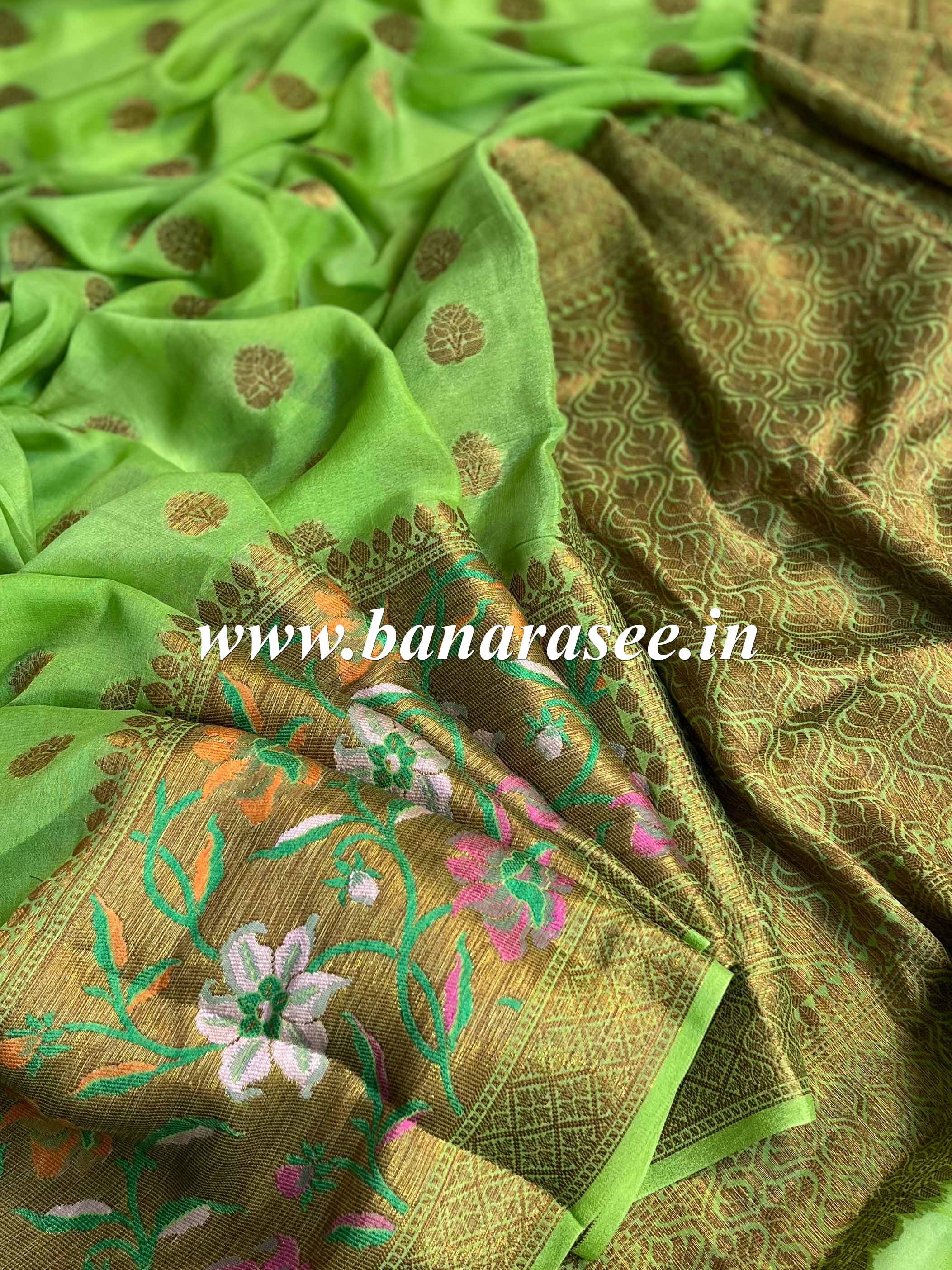 Banarasee Pure Chiffon Saree With Antique Gold Zari & Resham Jaal Border-Green