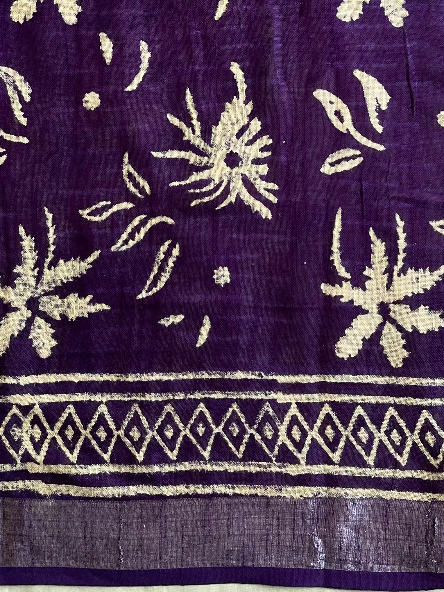 Linen Cotton Bagru Hand-Block Printed Saree-Purple