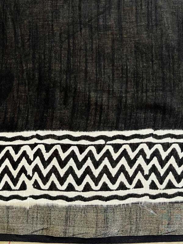 Linen Cotton Bagru Hand-Block Printed Saree-Black