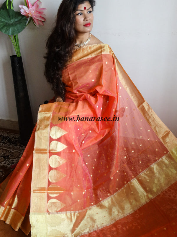 Banarasee Chanderi Cotton Gold Buti Saree-Peach