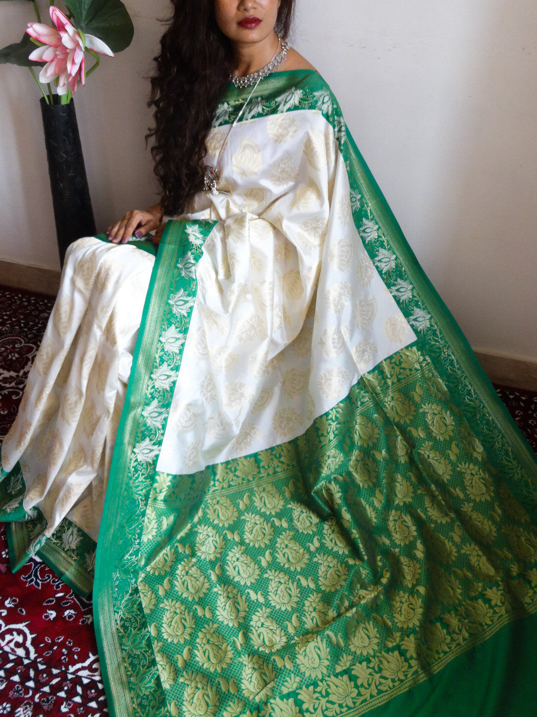 Banarasee/Banarasi Art Silk Sari -Off White And Green