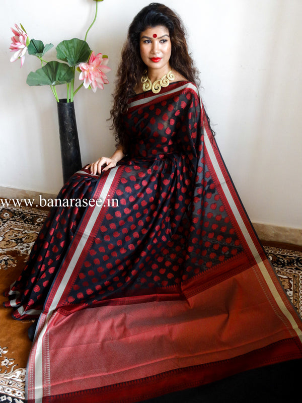 Banarasee/Banarasi Cotton Silk Red Booti Sari-Black